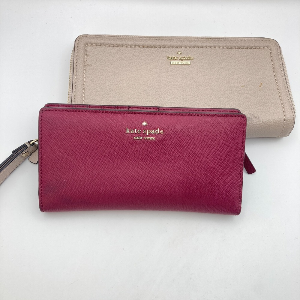 Set of 2 Kate Spade Wallet READ MUSTY Beige Dark Red Saffiano Zip Around Snap